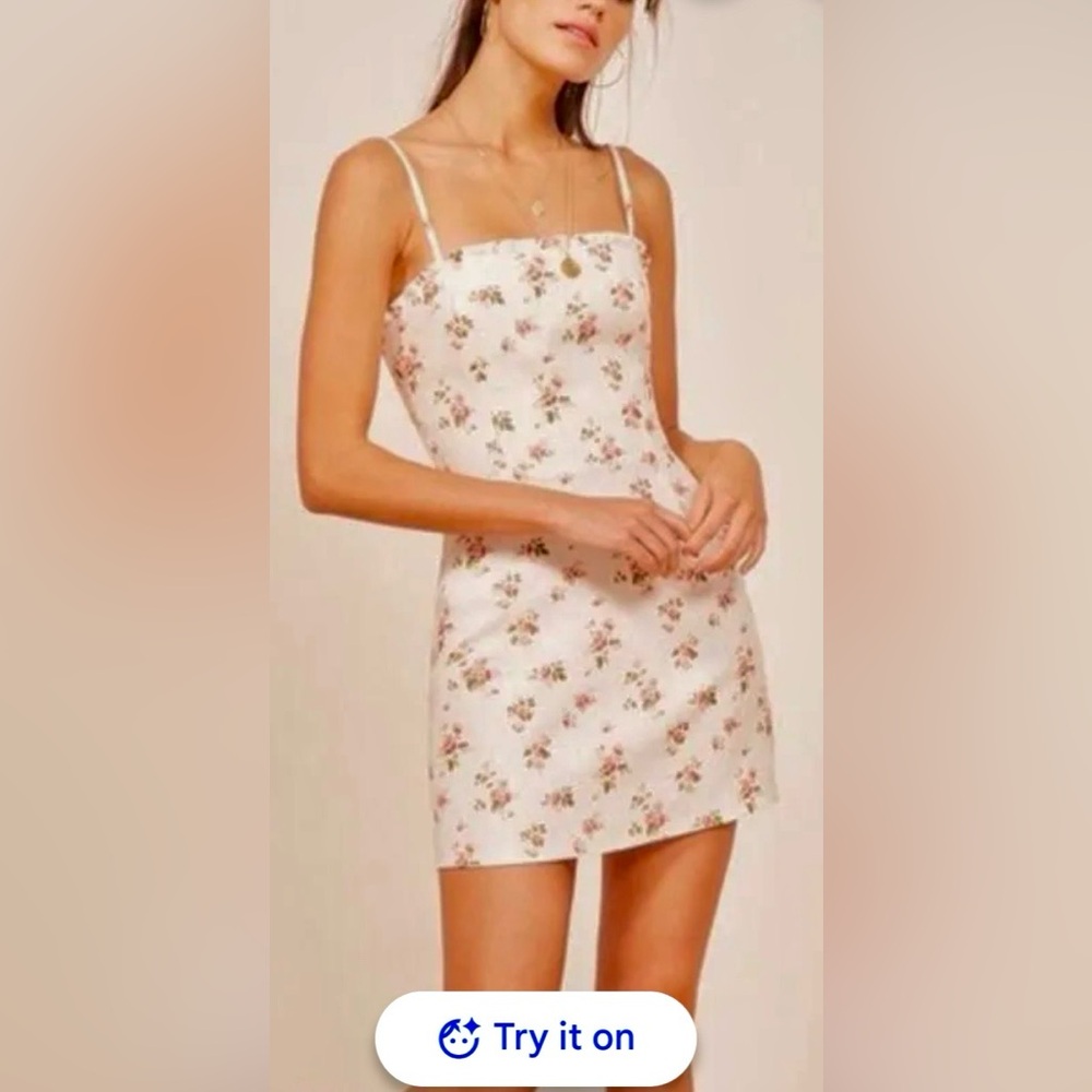Reformation Ava Mini dress Revealing All Linen pink green cream Floral size 6